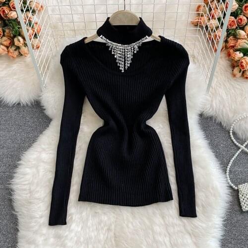 2021 Pullovers Long-sleeve Knitted Tops Mujer Shiny Diamond Chain Halter High Neck Bottoming Sweaters Women Autumn Winter
