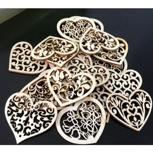 50pcs Carving Hollow Heart Flower Wooden Painting Scrapbooking Craft Handmade DIY Accessory Home Decoration Embellishment RXJB