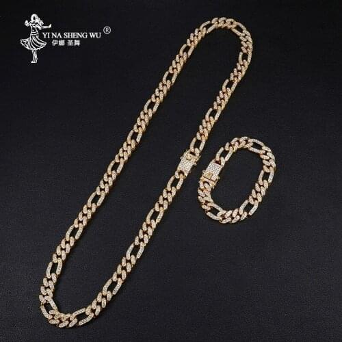 Hip Hop 13MM Gold Iced Out Paved Rhinestones Miami Curb Figaro Link Chain Necklace CZ Bling Rapper Necklace For Men Jewelry 1Set