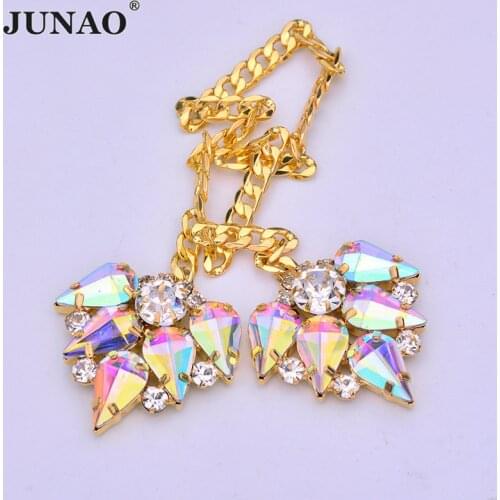 JUNAO 2pcs 30mm Crystal AB Sew On Claw Glass Rhinestone with Gold Setting Flatback Flower Crystal Appliques Strass Chain