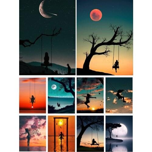 Sunset Play On The Swing Diy 5D Diamond Painting Full Square and Round Embroidery Mosaic Wall Art Handmade Home Decor Gifts