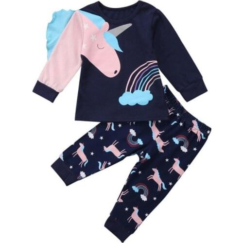 2Pcs Summer Girls Clothing Set Toddler Kids Baby Girls Unicorn Cartoon Top Pants Pajamas Homewear Outfits Set