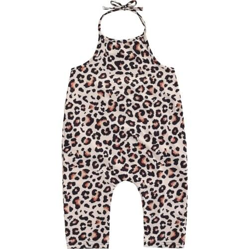 Summer Breathable Little Girls Jumpsuit, Toddlers Leopard Print Hanging Neck Lace Up Backless Sleeveless Siamese Trousers 2-7T