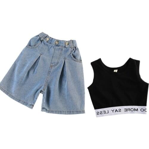 Girls Sleeveless Tank Denim Shorts Set Girls summer cool two-piece Girl vest pants fashion suit Girl suit