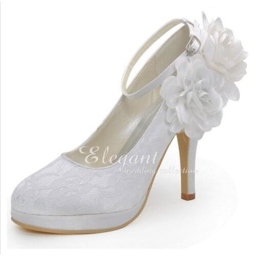 Sweetness Handmade Lace Flower Wedding Dress Shoes High Heel Bridal Shoes Platform Ankle Strap Lady Shoes Woman Single Shoes
