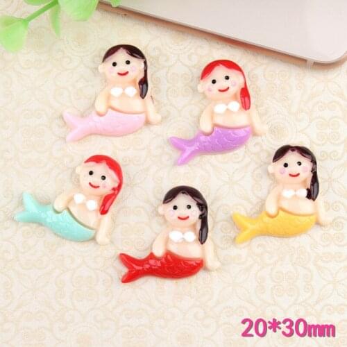 Mini Order 10pcs 20*30mm Flatback Colorful Ornament Accessories Resin Cabochon Mermaid Girl Fish Clay Beads Charms Material