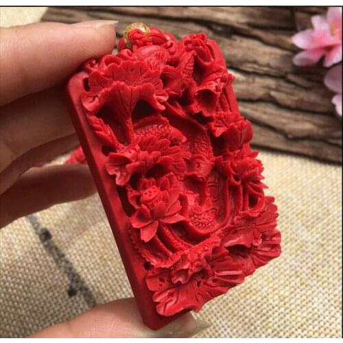 Natural cinnabar pendant, carved red peony flower fish pendant, lucky charm, mens and womens necklace necklace
