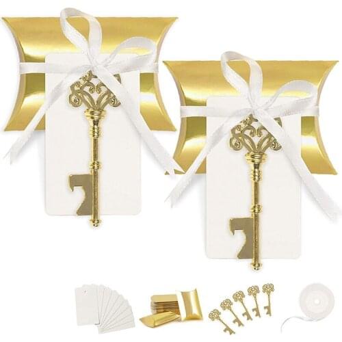 50 Set Wedding Favors for Guests Party Favor Vintage Key Bottle Opener with Escort Card Tag and Satin Ribbon