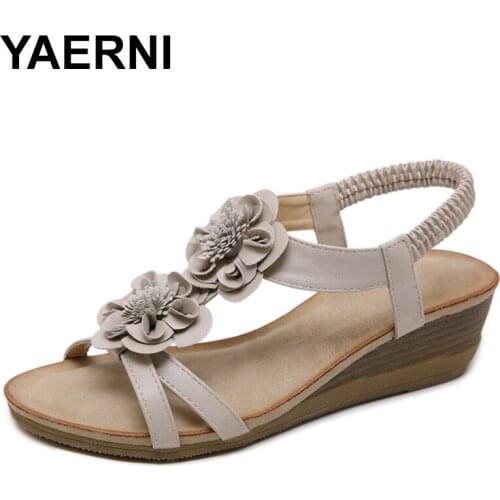 YAERNI Women Bohemia Boho Flower Floral Sandals Open Toe Wedge Heels Comfort Summer Beach Shoes Low Heel Shoes Plus Size 40-42