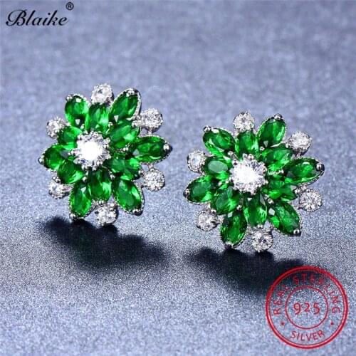 Blaike Charm Green Emerald Snowflake Stud Earrings For Women Real 925 Sterling Silver Zircon May Birthstone Earring Fine Jewelry