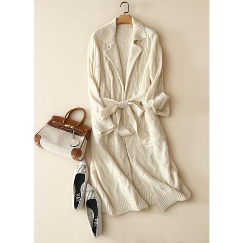 2022 winter luxury 100% cashmere chunky cardigan coat womens long sleeve cable knit thick knitwear with belt