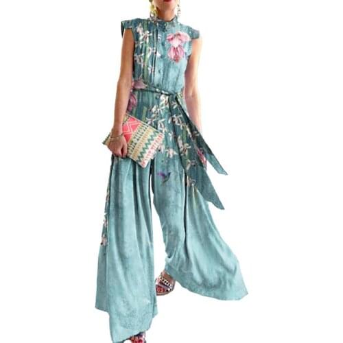 New Summer Office Lady Jumpsuit Elegant Floral Print Stand Collar Wide Leg Belted Romper Casual Womens Jumpsuits