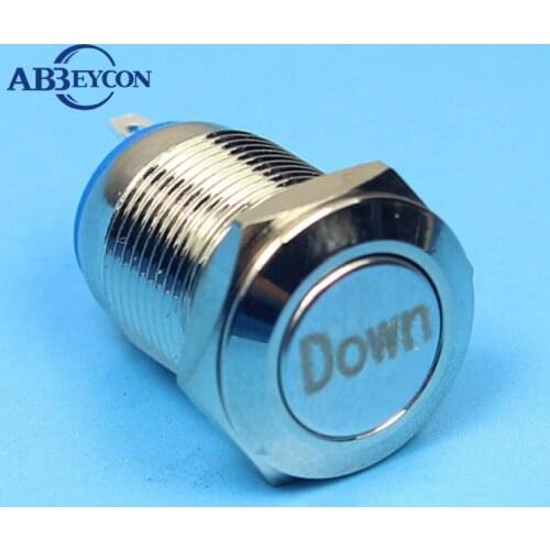 12mm 1NO Flat Head Momentary Waterproof Push Button Switch Pin Terminal Metal Shell Print Word Up Down Button Switch
