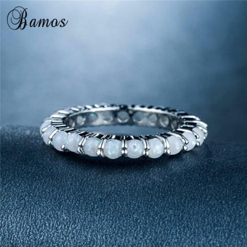 Bamos Simple Boho Round Finger Ring Luxury Blue/White Fire Opal Stone Ring 10KT White Gold Filled Wedding Rings For Women