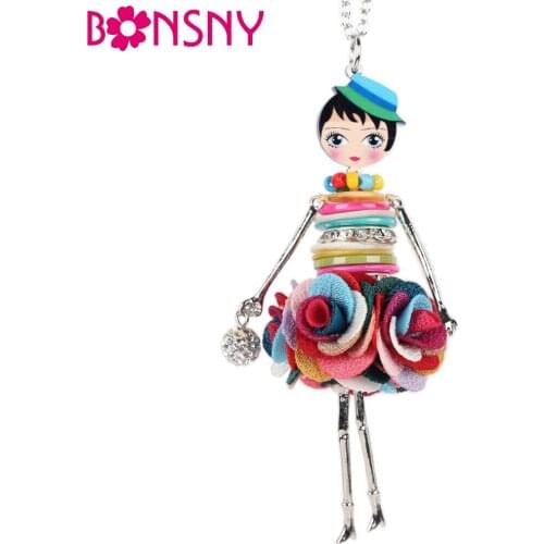 Bonsny Alloy Shell Crystal Doll Necklace Dress Handmade French Doll Pendant For Girls Women Gift Novelty Figure Jewelry Original