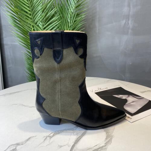 Autumn Winter Women Boots Fashion Genuine Leather Mid-Calf Boots For Woman Round Toe Women Shoes Slip-On Shoes Woman High Heels