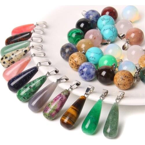 Wholesale 1-5 pcs Natural Tiger Eye Stone Beads Pendant 14 mm Round Amethys Charm DIY Making Jewelry 10*26 mm Teardrop Opalite