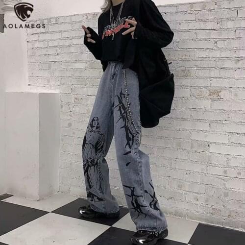 Aolamegs Jeans Men Casual Print Baggy Jeans Homme Korean Retro Casual Wide Leg Anime Denim Pants Women Harajuku Hip Hop Trousers