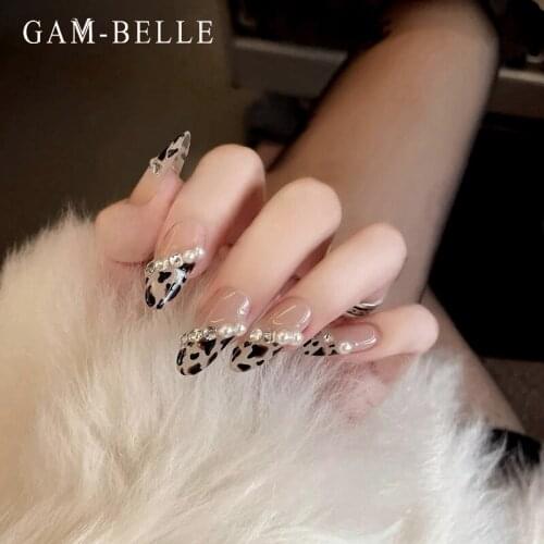 GAM-BELLE 3D Pearl Leopard Pattern False Nail Art Tips French Long Ellipse Full Cover Press On Nail Fake Nails Manicure Tools