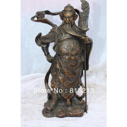 Wang 000930 Chinese Bronze Warrior Fengshui Dragon Guan Gong Yu God & Sword Statue