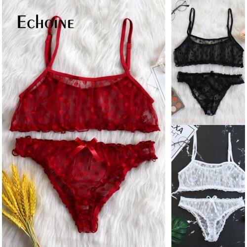 Echoine Women Sexy Lace Bra Set Push Up Unlined Bralette Lingerie And Bottom Two Pieces Sets Mesh Transparent Underwear Set