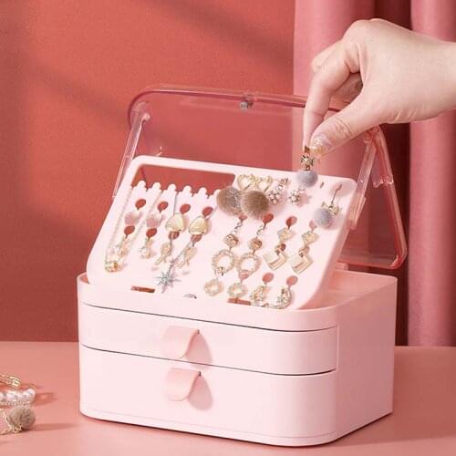 Portable Earrings Ring Display Stand Shelf Dustproof Plastics Jewelry Storage Box Drawer Women Necklace Bracelet Organizer Case