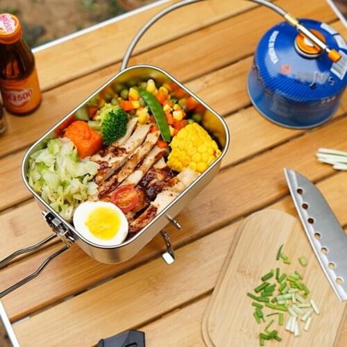 Stainless Steel Lunch Box With Dual Use Lid Camping Bento Box Folding Handle BBQ Container Food Plate Cutting Tableware