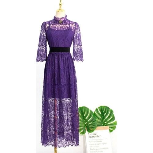 Summer Dress Women Lace Dress Fashion Vintage Purple Half Sleeve Dress Elegant Lady Long Party Dressess Vestidos