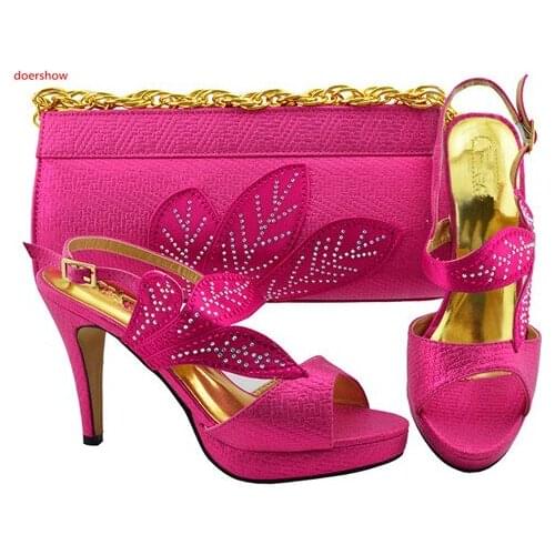 Doershow Fashion Italian Shoes With Matching Bags Set For Wedding And Party African Shoes And Bag Sets With Rhinestones PFG1-26