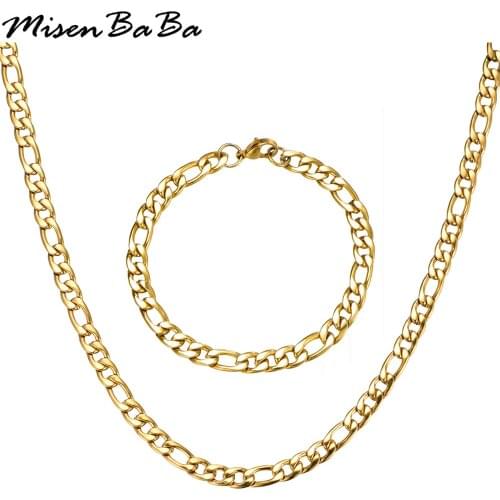 New Punk Style Figaro Chain Link Stainless Steel Gold Silver Color Bracelet Necklace Sets Men Gift Fashion Jewelry Sets