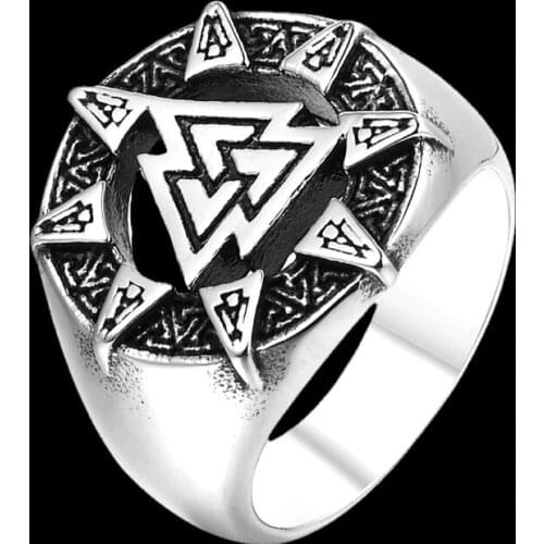 Wholesale Viking Men Wolves of Odin Valknut Forging 316L Stainless Steel Ring Pagan Nordic Amulet Biker Jewelry D07