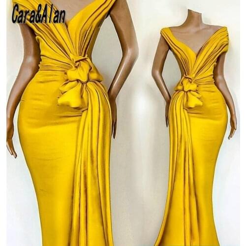 Stunning Yellow Mermaid Evening Dresses Long Off Shoulder Satin Pleat Celebrity Prom Gowns For Women Party Wear