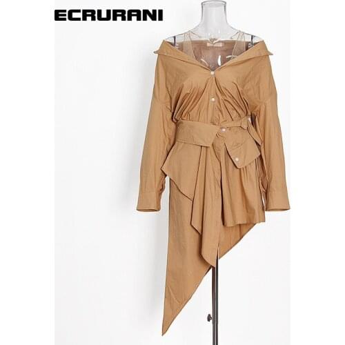 ECRURANI Patchwork Casual Dress For Women V Neck Long Sleeve Irregular Hem Ruched Elegant Dresses Female Clothing 2021 New Style