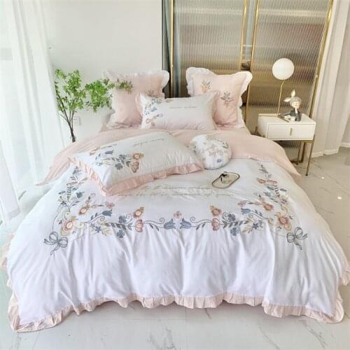 Luxury Princess 4Pcs Bedding Set 400TC Cotton Flowers Embroidery Ruffles Duvet Cover Set Quilt Cover Bed Comforter Set Bed Linen