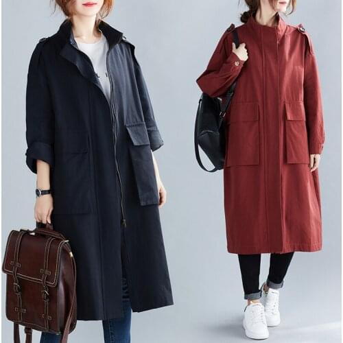Plus Size Trench Coat Womens 2021 Spring Autumn New Korean Fashion Loose Black Big Pocket Windbreaker Female Outerwear Cardigan