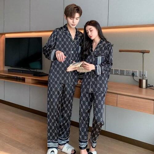 Spring Womens Pajamas Set Luxury Style Letter and Stripes Print Sleepwear Silk Like Couple Home Clothes Nightwear for Men