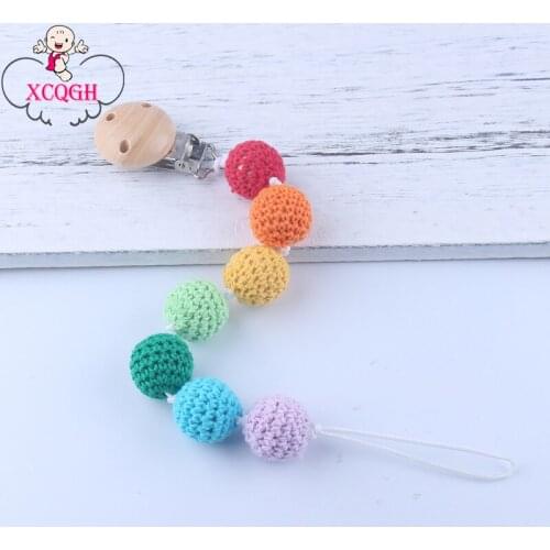 XCQGH Eco-friendly Crochet Beads Baby Pacifier Holder Chain Wooden Pacifier Clips Chain Infant Toddler Dummy Clip