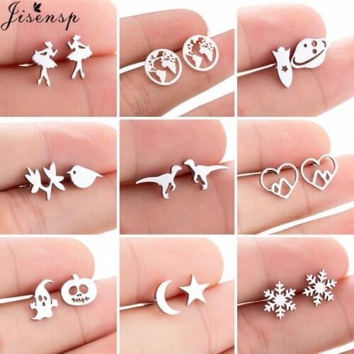2021 Mutiple Style Small Stainless Steel Earrings for Women Kids Minimalist Ballet Birds Earring Cute Dinosaur Studs Accesorios