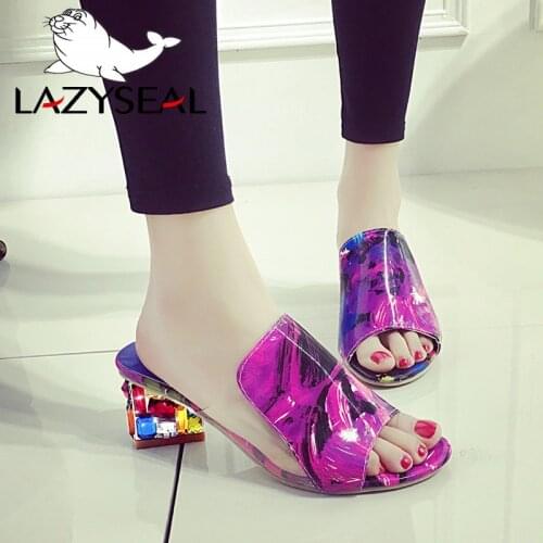 LazySeal Summer Slides Women Slippers Shoes Woman Colourful Diamonds Bling Spike Heel Pantoufle Women Shoes For Women