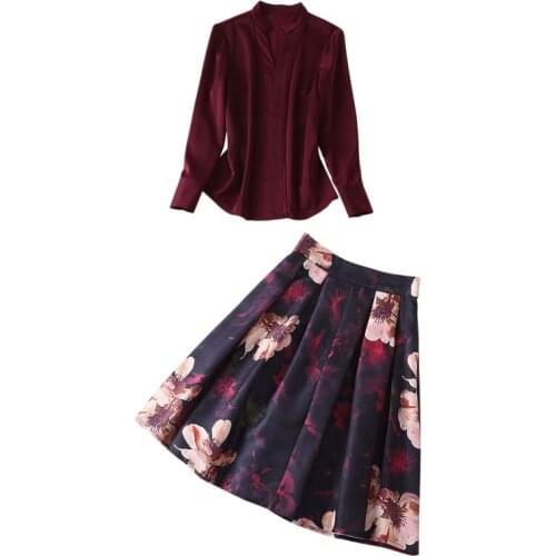 Ladies Fashion Outfits Two Pieces Set Long Sleeve V Neck Burgundy Shirt + Knee Length Pleated Print Skirt