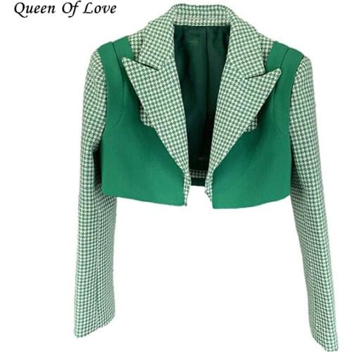 Korean Style Runway Fashion Elegant Long Sleeve Short Blazer 2021 Autumn Women Green Patchwork Plaid Cardigan Jacket And Coat