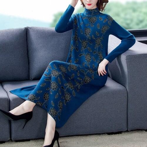 2020 Autumn 3XL Plus Size Women Bodycon Blue Turtleneck Long Wool Sweate Winter Casual Vintage Elegant Warm Knited Sweater Dress