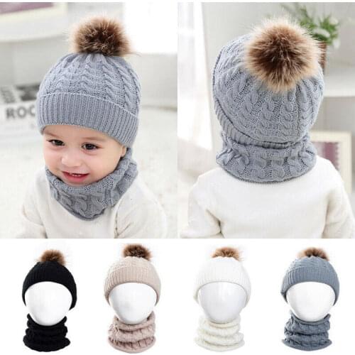 Baby Boy Girl Winter Fall Warm Hats Newest 2Pcs Newborn Baby Boy Girl Winter Warm Pom Bobble Knit Beanie Hat Caps+Scarf 1-3T