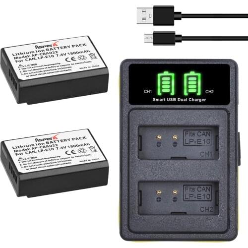 2Pcs 1800mAh LP-E10 LP E10 LPE10 Batteries + LED Dual Bulit-in USB Charger for Canon EOS 1100D 1200D 4000D Kiss X50 X70