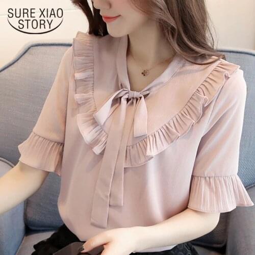 Womens Tops And Blouses 2021 Chiffon Blouse Ladies Tops White Shirt Blouse Shirts Bow Solid O-Neck Butterfly Sleeve 3046 50