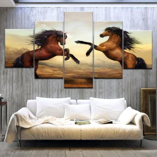 5 Panel/pieces HD Print Brown Running Horse animal wall posters Print On Canvas Art Painting For home living room decoration