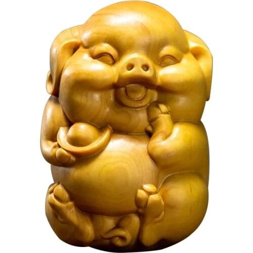 6CM Boxwood Rich Pig Feng Shui Little Pig Zodiac Animal Mascot Sculpture Wooden Statues Home Decoration