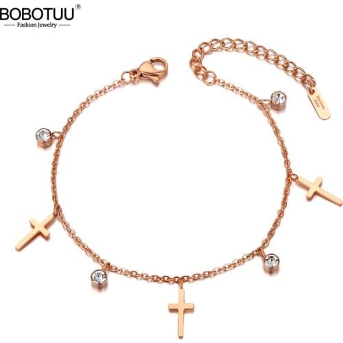 BOBOTUU Neo-Gothic Stainless Steel Cross Charm Bracelets Bangle For Women Bohemia CZ Crystal Chain Link Beach Bracelet BB20039
