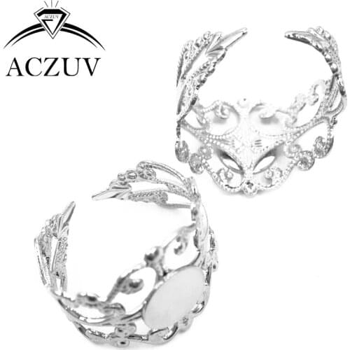 Rhodium Plated 100pcs 8mm Glue Pad Cabochon Settings Filigree Adjustable Ring Blank Bezel Ring Base Jewelry Findings FRSB003