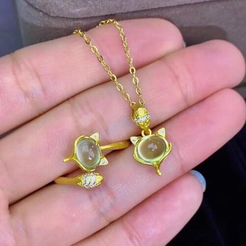 100% Real Natural Prehnite Jewelry set Natural And Real Prehnite Set 925 sterling silver Fine jewelry 1pc Ring,1pc Pendant